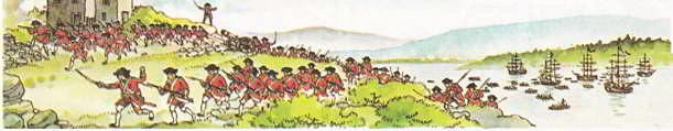 Британские войска под командованием генерала Вульфа взбираются на крутые скалы на берегу реки Св. Лаврентия, чтобы совершить внезапное нападение на французский город Квебек
